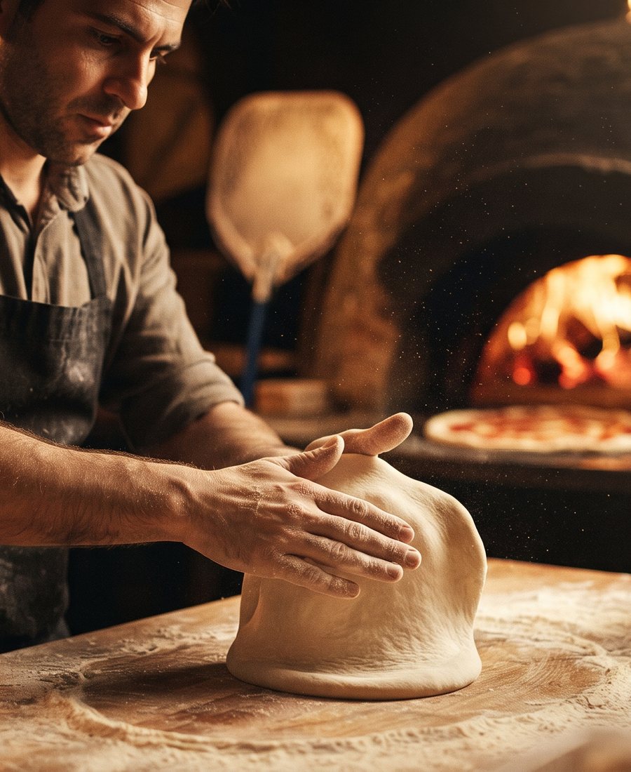 Pizzabäcker formt einen Teigling vor dem brennenden Steinofen