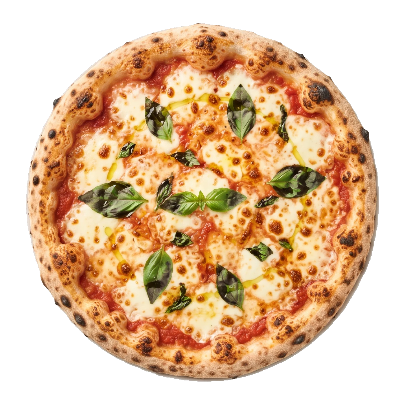 Pizza Margherita mit Mozzarella und frischem Basilikum, von oben