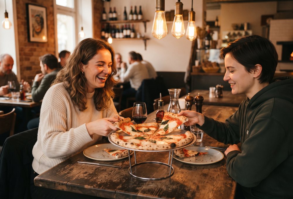 Zwei Gäste teilen sich eine Pizza am Tisch